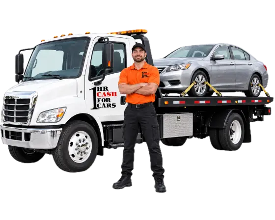 1HR Cash for Cars tow truck driver with flatbed truck